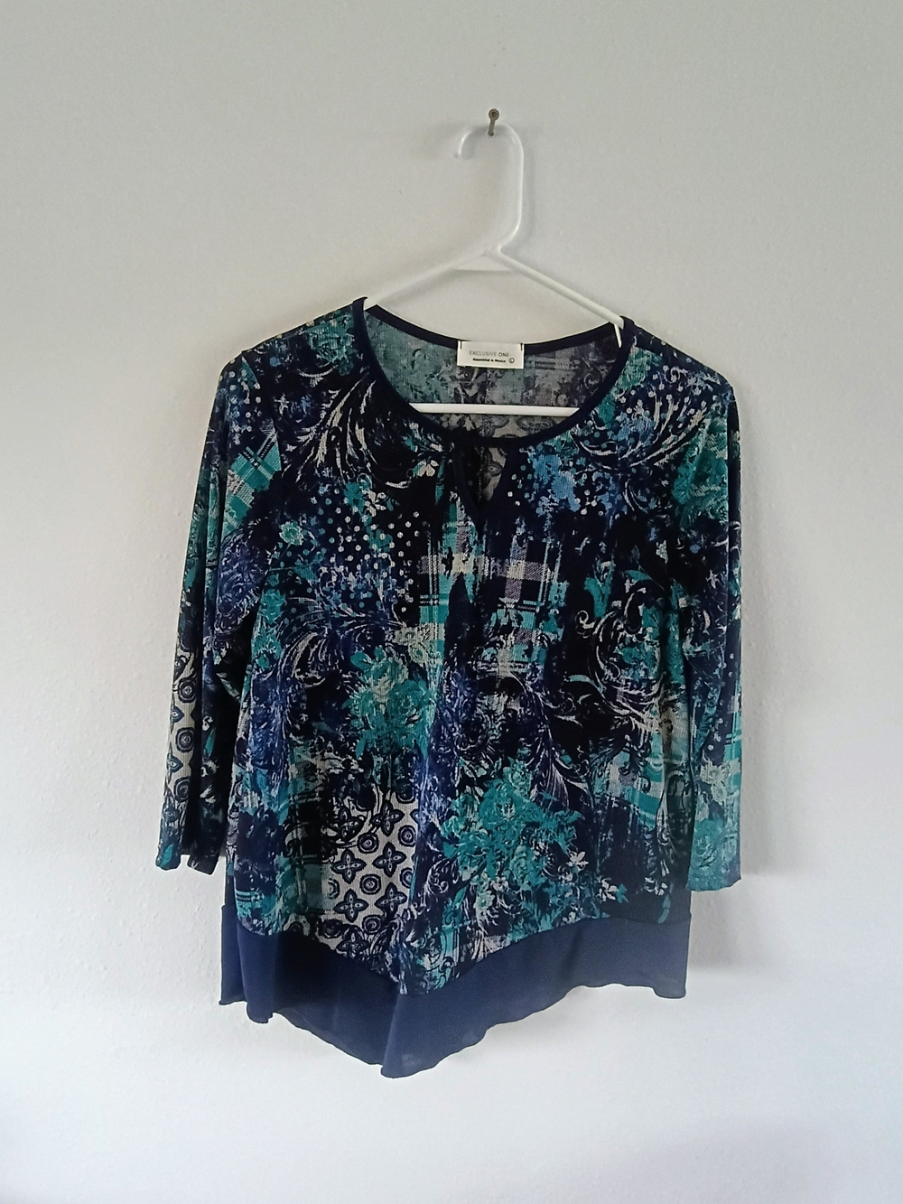 Exclusive One Large Blue Teal Paisley Floral Asymmetrical Hem 3/4 Sleeve Blouse